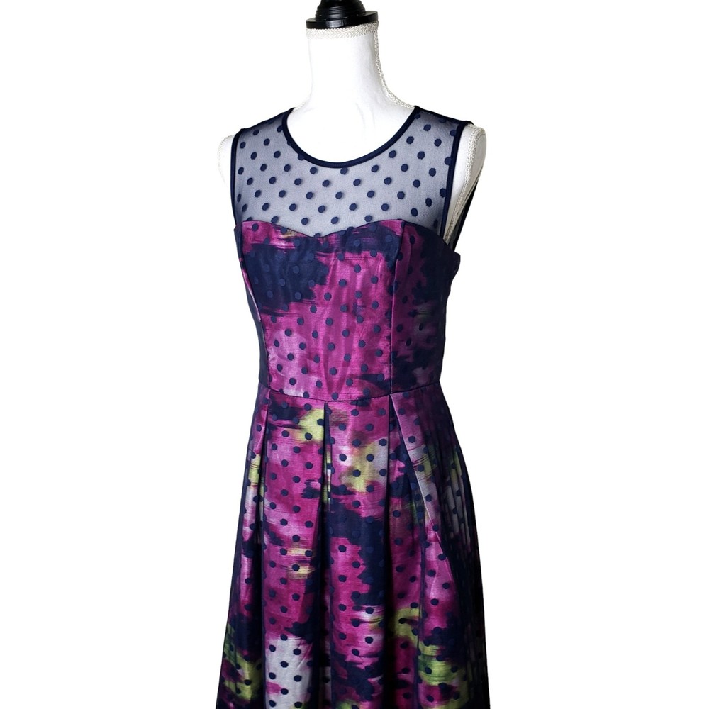 Karin Stevens Womens Sleeveless Sheer Polka Dot Overlay Multicolored Dress Sz 6